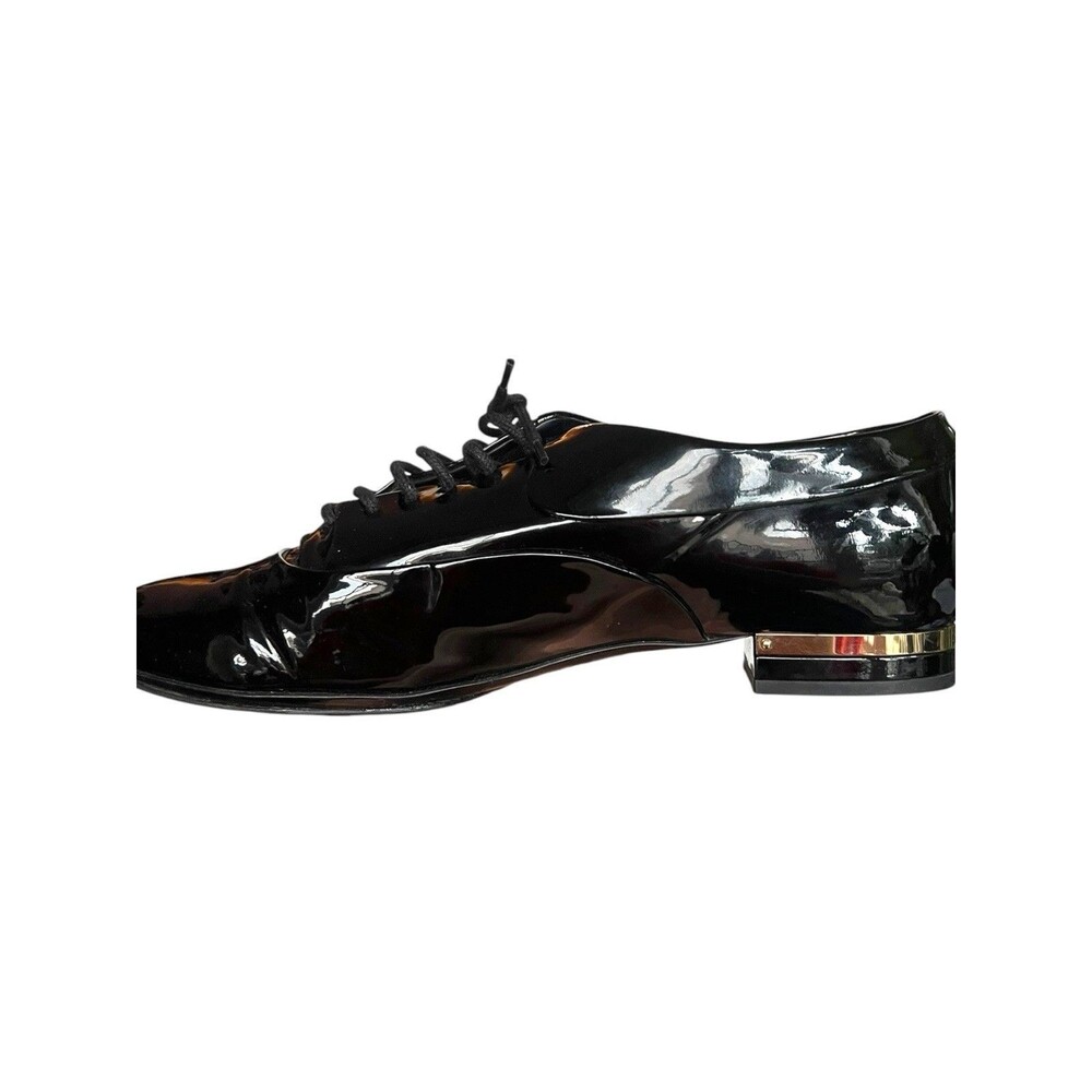 Chanel Black Patent Leather Lace Up Oxford Shoes Pearl Heel CC Logo EU 39.5 - Picture 8 of 12